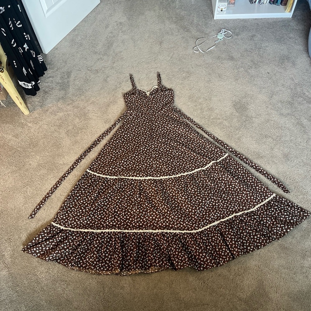 Gunne Sax Prairie Maxi Dress Brown Feather Lace Corset Tie Back Vintage - Picture 8 of 16